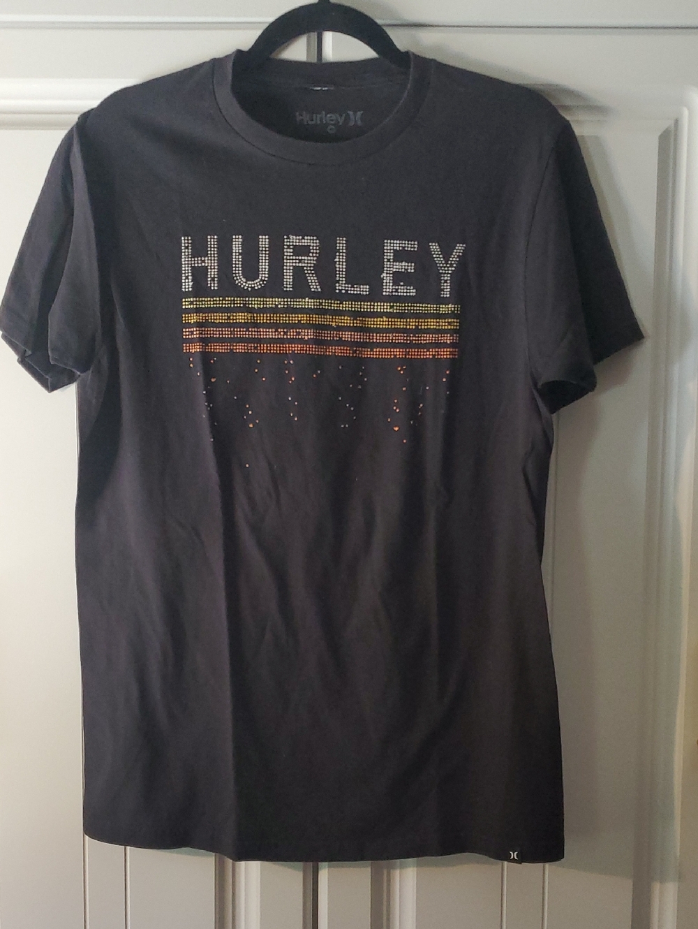 Hurley Black Short Sleeve Tee with Logo and Sunset Stripe Accents